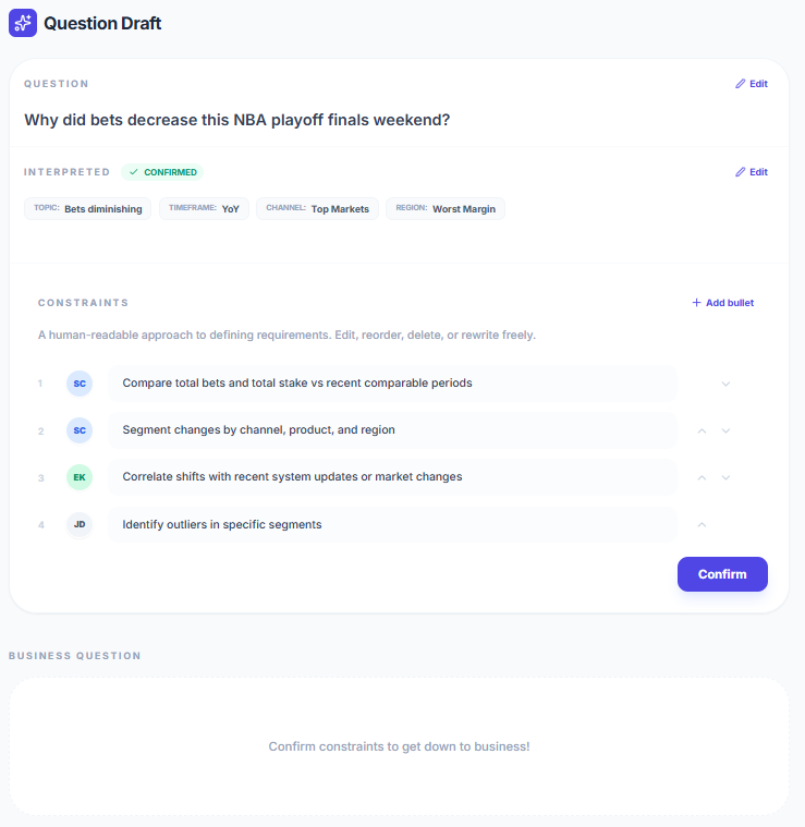 Ask interface showing Question Draft and refinements